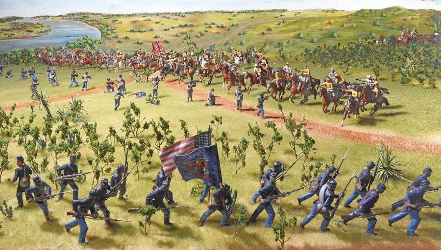Confederate and Union forces battle at Palmito Ranch, May 12-13, 1865. Source: Texas Military Forces Museum.